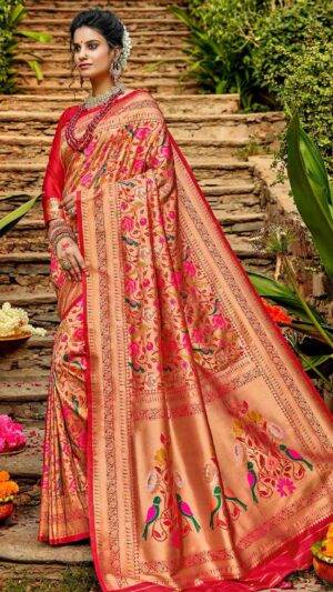 Crimson Red Golden Paithani Saree