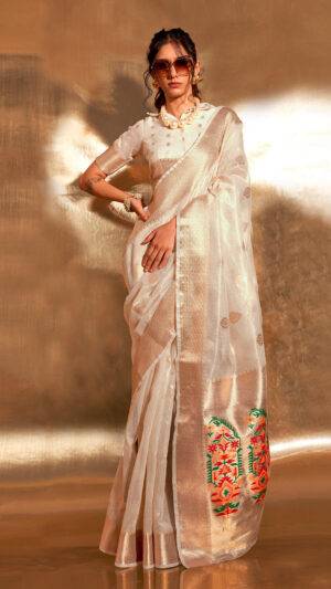 White Paithani Silk Saree With Blouse Piece