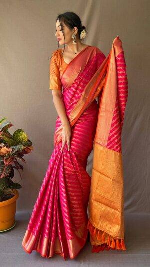 Hot Pink Patola Saree With Blouse Piece