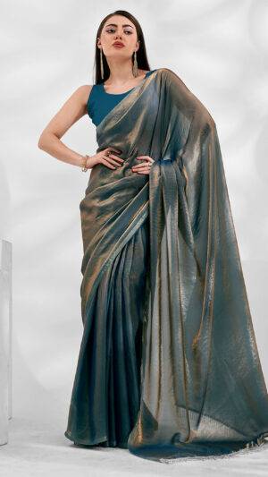 Teal Organza Saree With Blouse Piece