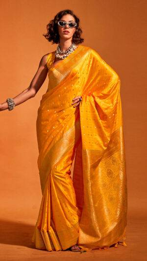 Yellow Satin Banarasi Silk Saree With Blouse Piece Jishant