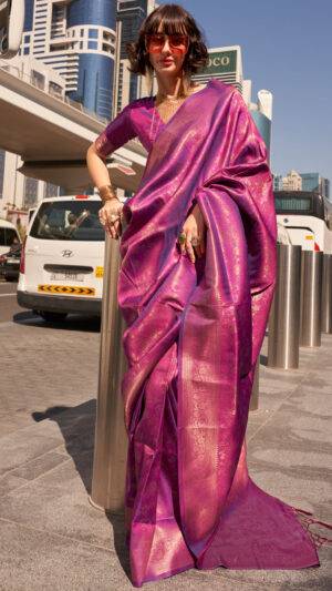 Wine Banarasi Silk Saree With Blouse Piece