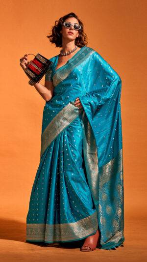 Blue Satin Banarasi Silk Saree With Blouse Piece