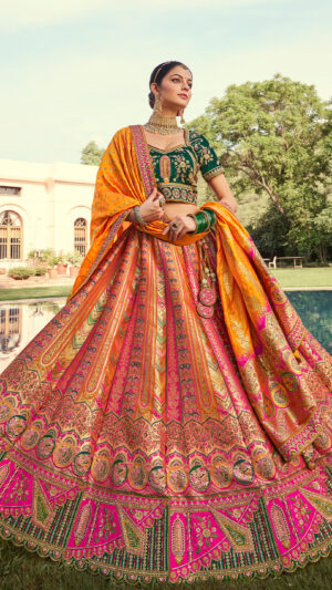 MULTICOLOR BANARASI SILK WITH ZARKAN CODDING WORK LEHENGA CHOLI